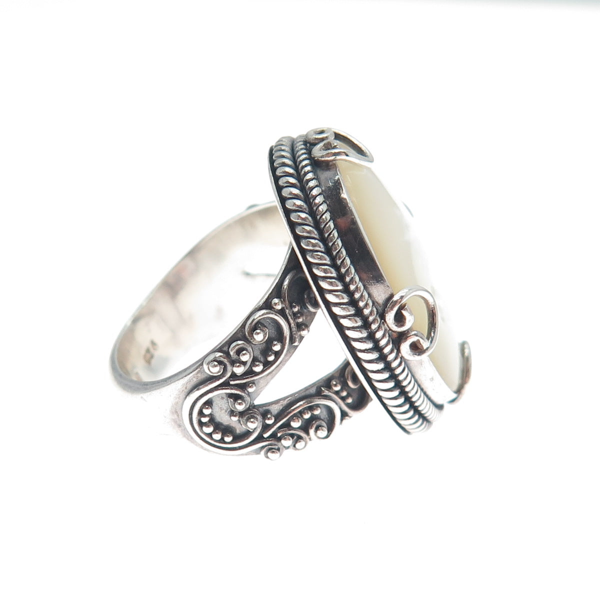 925 Sterling Silver Vintage Real Mother-of-Pearl Hearts Roped Ring Size 5.25