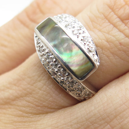 925 Sterling Silver Real Abalone Shell & C Z Bypass Ring Size 6.5