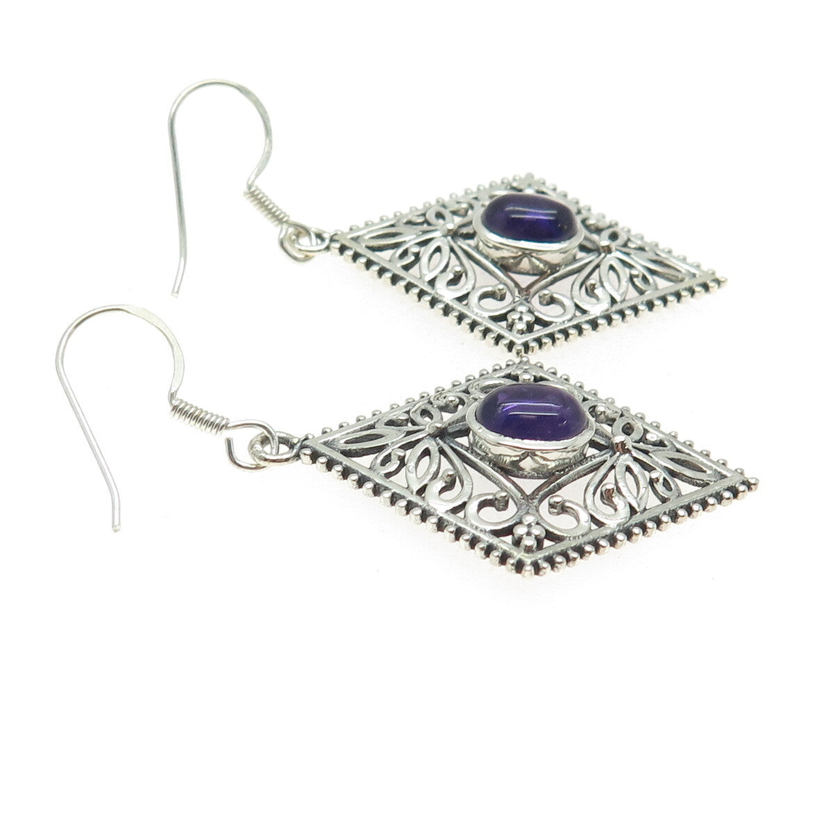 925 Sterling Silver Vintage Real Amethyst Flower Oxidized Dangle Earrings
