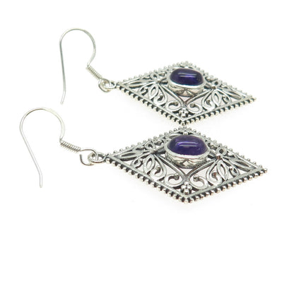 925 Sterling Silver Vintage Real Amethyst Flower Oxidized Dangle Earrings