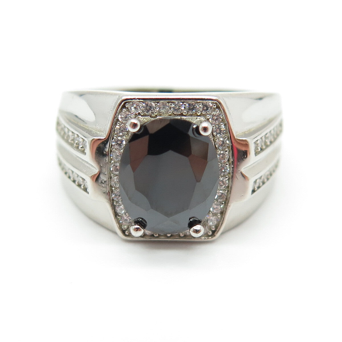 925 Sterling Silver Real Hematite & Round-Cut C Z Ring Size 8.25
