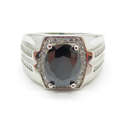 925 Sterling Silver Real Hematite & Round-Cut C Z Ring Size 8.25