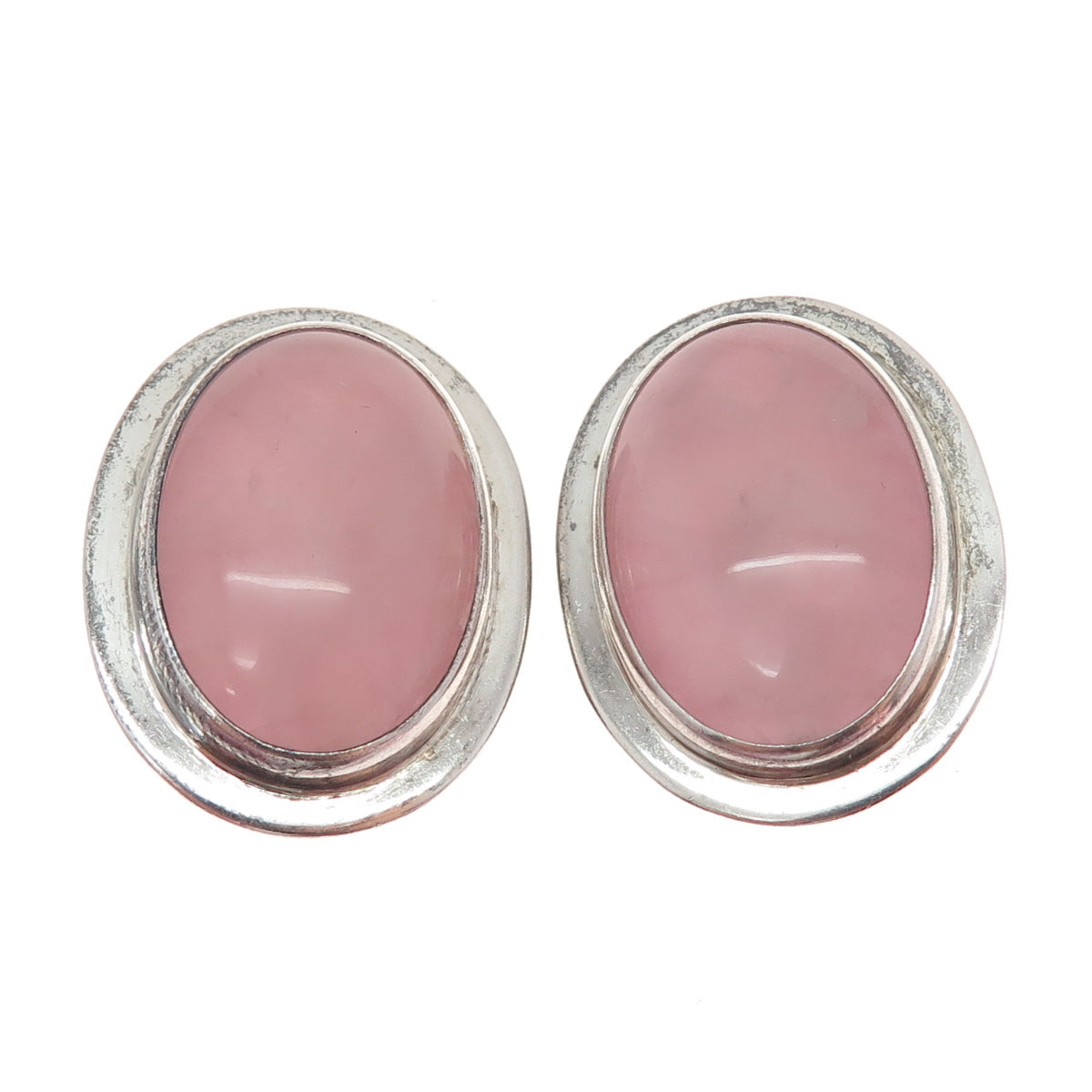925 Sterling Vintage AIS Mexico Real Rose Quartz Modernist Clip On Earrings