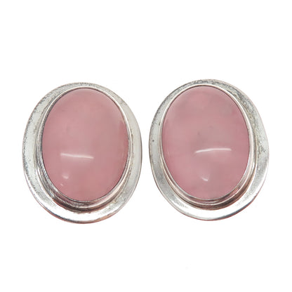 925 Sterling Vintage AIS Mexico Real Rose Quartz Modernist Clip On Earrings