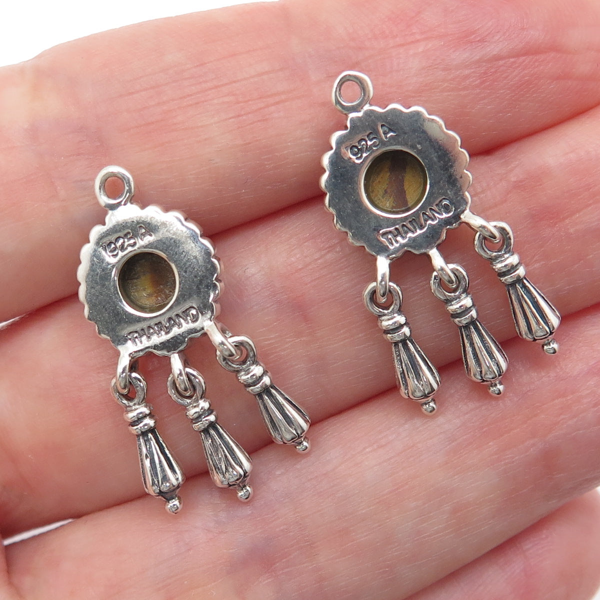 925 Sterling Silver Vintage Real Tiger Eye Modernist Dangle Jacket Earrings