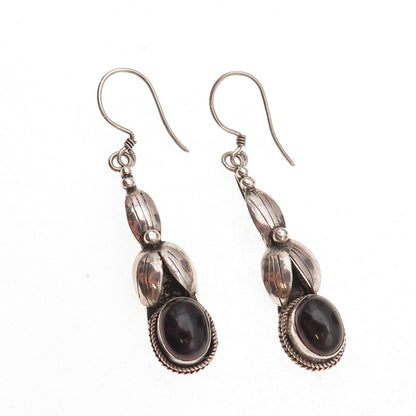 925 Sterling Silver Vintage Real Black Onyx Floral Oxidized Dangle Earrings