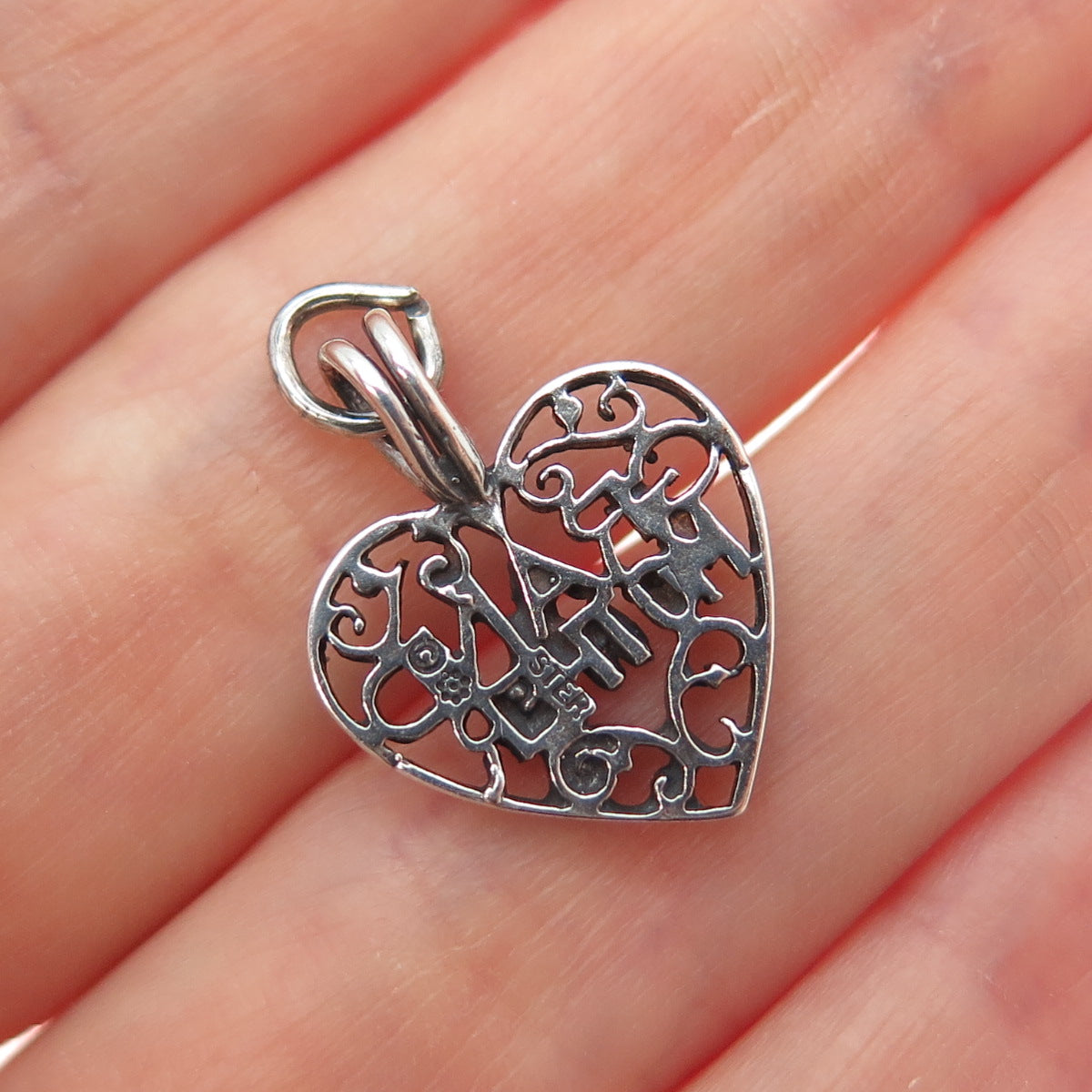 925 Sterling Silver Vintage Grandmother Heart Oxidized Minimalist Charm Pendant