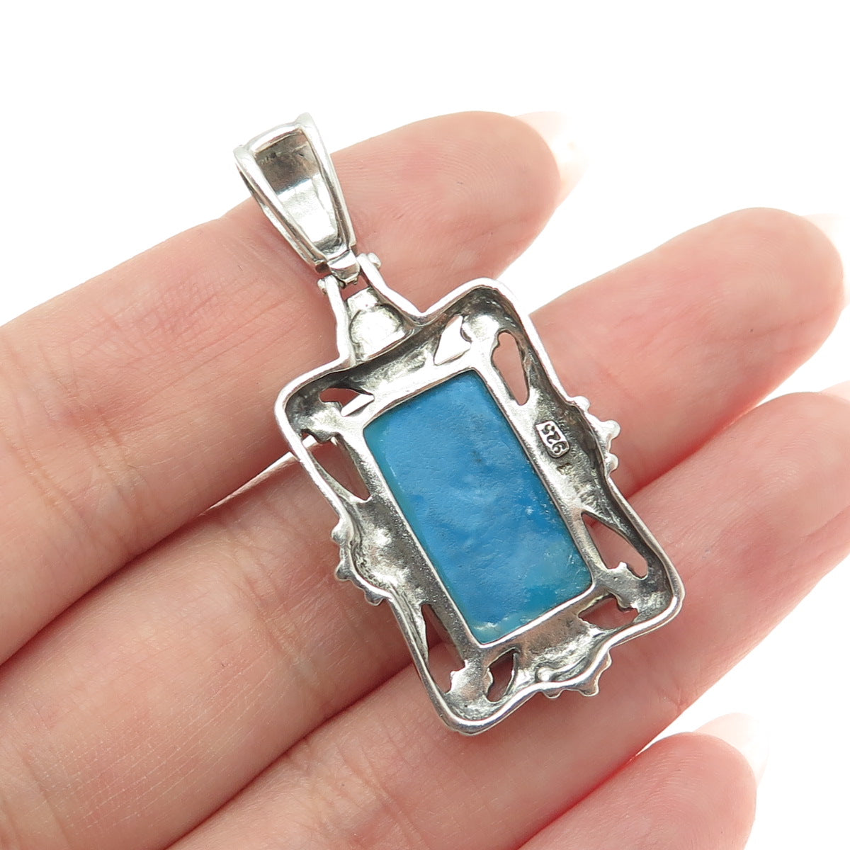 925 Sterling Silver Vintage Real Blue Mother-of-Pearl Granulated Pendant