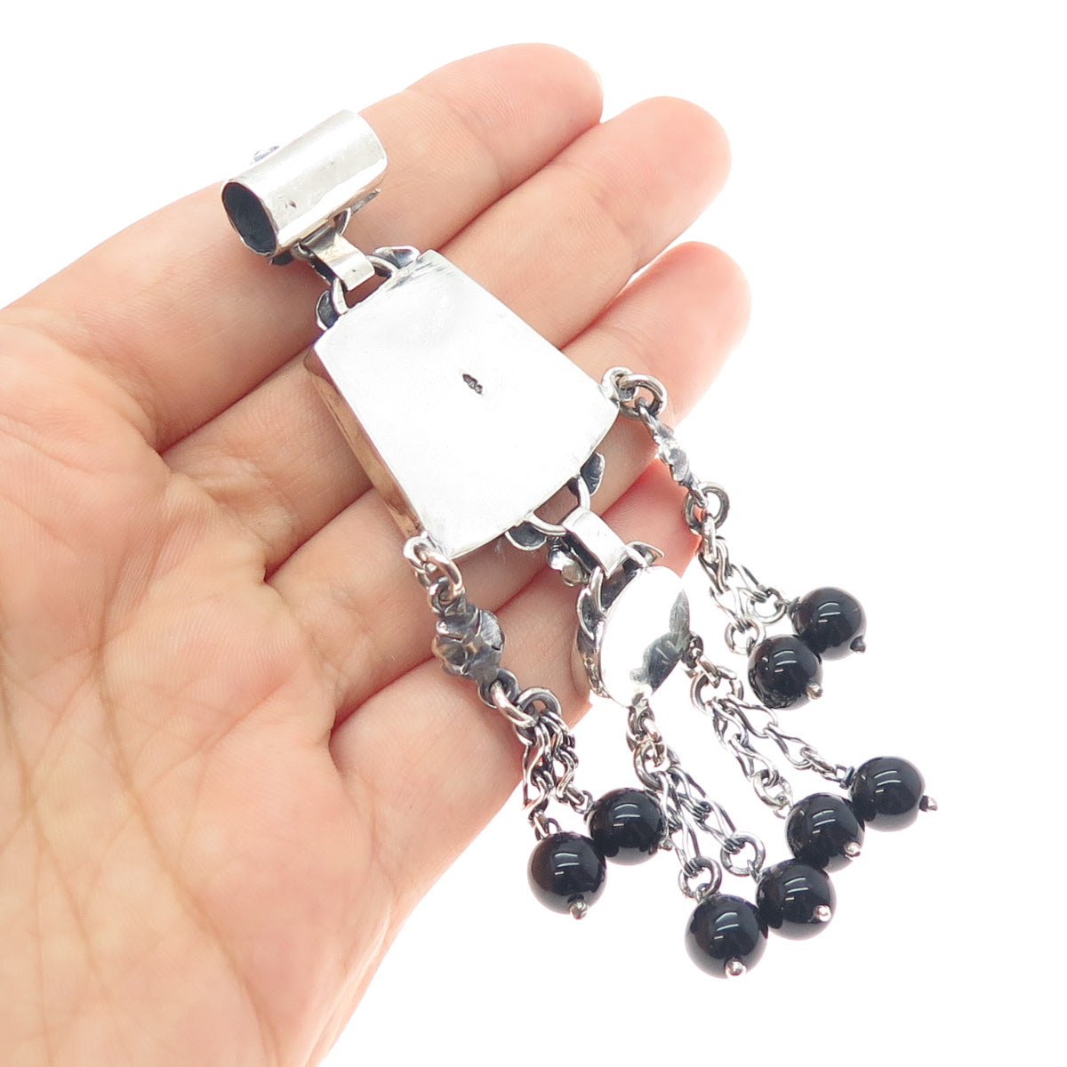 800 Silver Vintage Egypt Black Onyx Arabic Calligraphy Oxidized Slide Pendant