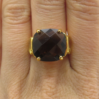 925 Sterling Silver Gold Plated Real Smoky Quartz & Citrine Ring Size 8