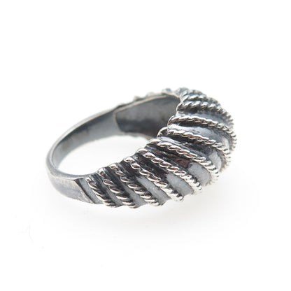 925 Sterling Silver Vintage Modernist Ribbed Dome Oxidized Ring Size 7.25