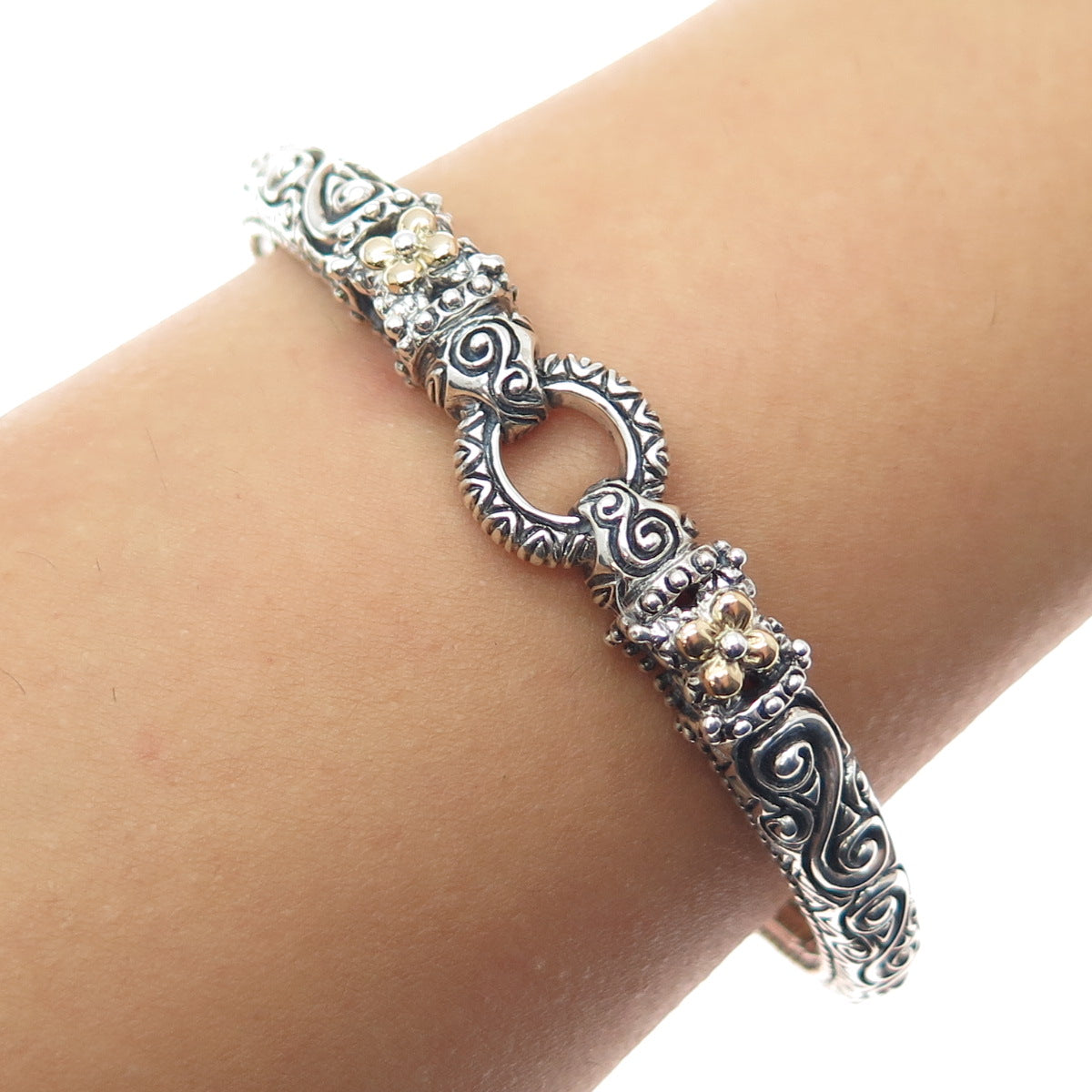 BARBARA BIXBY 925 Sterling Silver 18K Gold Flower Adjustable Cuff Bracelet 7.25"