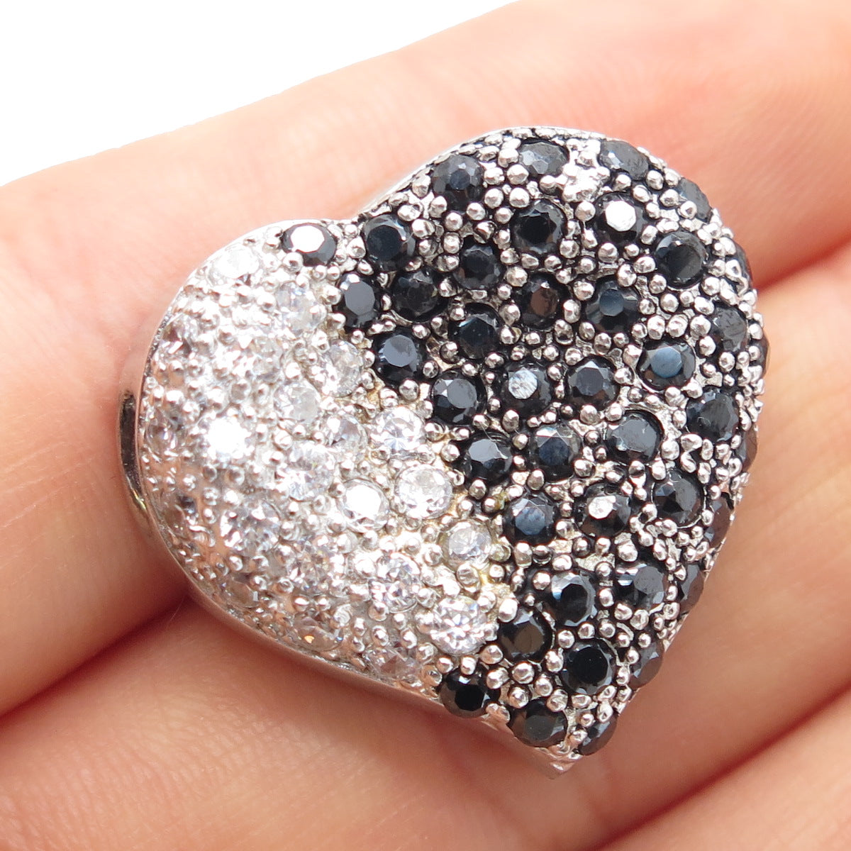 925 Sterling Silver Real Round-Cut Black Spinel & C Z Heart Slide Pendant