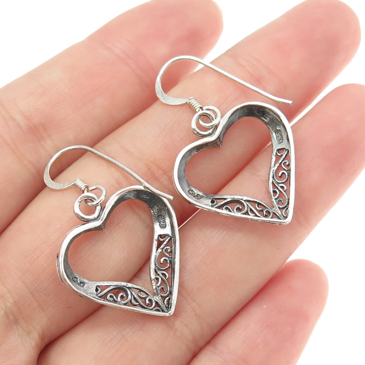 925 Sterling Silver Vintage Swirl Open Heart Dangling Earrings
