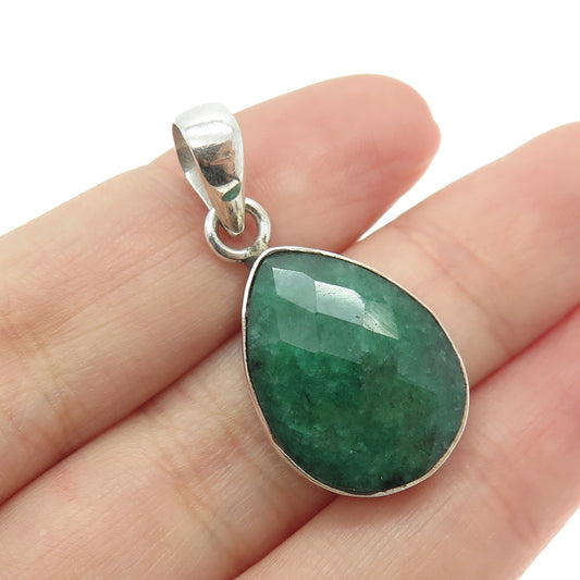 925 Sterling Silver Vintage Real Pear-Cut Emerald Pendant