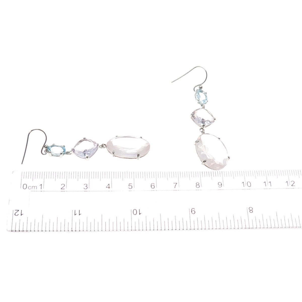 DSMK 925 Sterling Silver Real Rose Quartz Amethyst & Blue Topaz Dangle Earrings