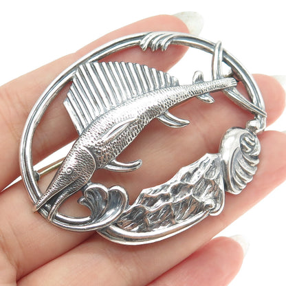 925 Sterling Silver Antique Art Deco Sailfish Repousse Pin Brooch