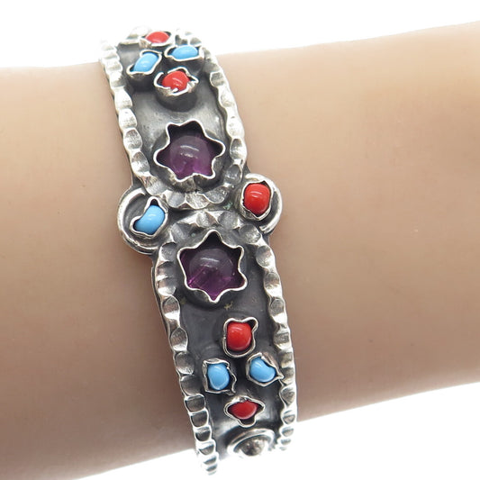 925 Sterling Vintage Mexico Amethyst Turquoise & Coral Adjustable Bracelet 6.5"