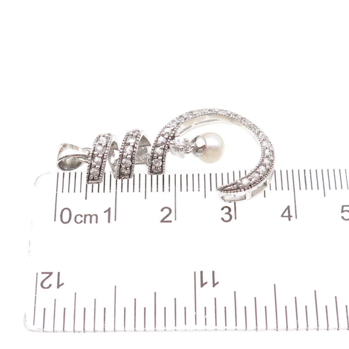 925 Sterling Silver Real Pearl & C Z Twisted Hook Charm Pendant