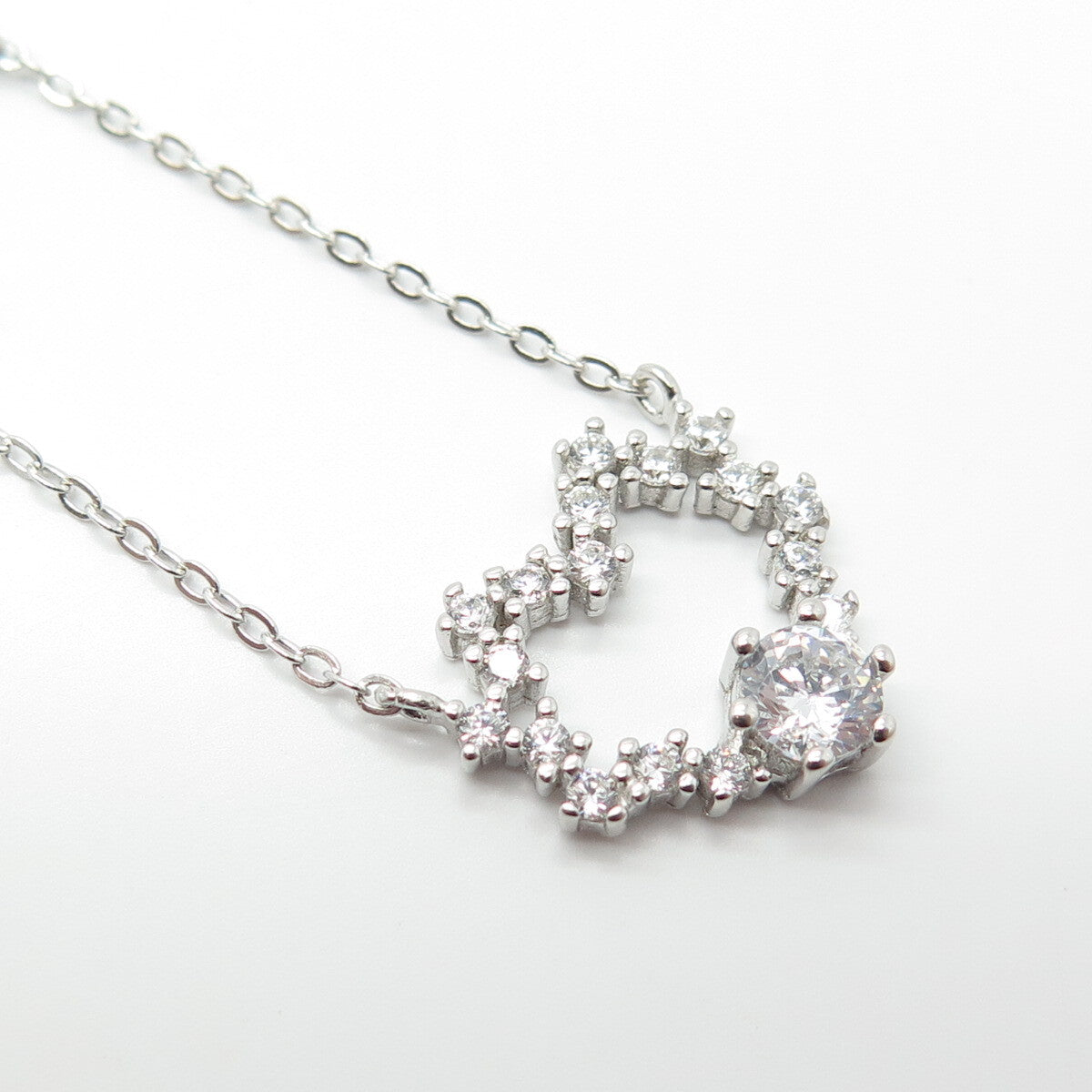 925 Sterling Silver Pave C Z Heart Rolo Chain Necklace 16"