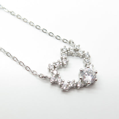 925 Sterling Silver Pave C Z Heart Rolo Chain Necklace 16"