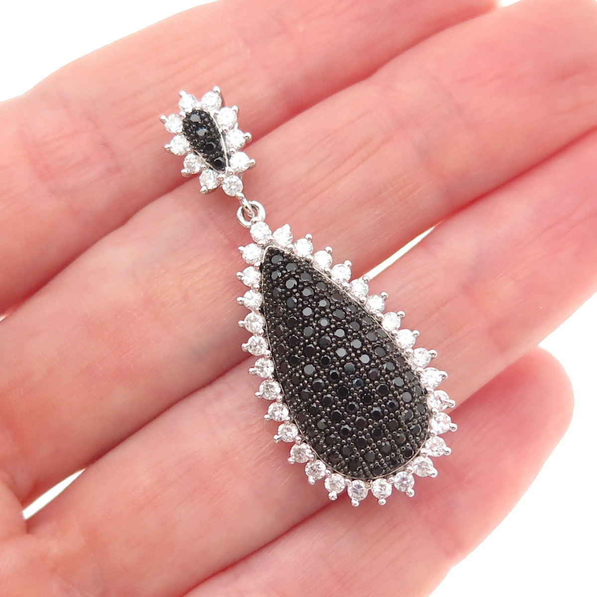 925 Sterling Silver Round-Cut Black & White C Z Teardrop Charm Pendant