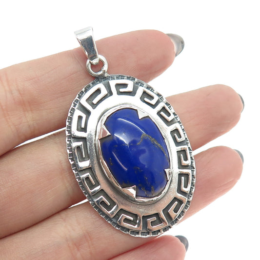 925 Sterling Silver Vintage Real Lapis Lazuli Gemstone Greek Maze Pendant