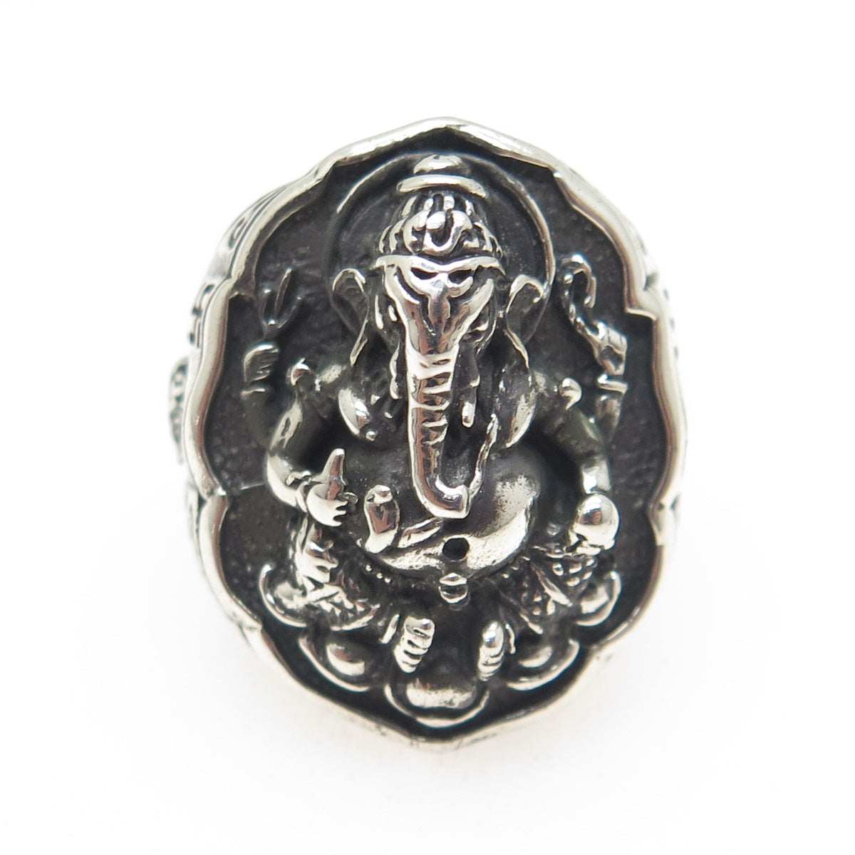 925 Sterling Silver Vintage Ganesha Hindu God Oxidized Dome Ring Size 8