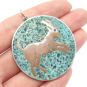 925 Sterling Silver Vintage Mexico LB Real Azurite Gem Round Goat Pendant