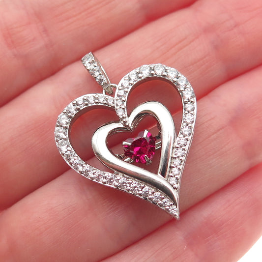 SUN 925 Sterling Silver Lab-Created Ruby & C Z Heart Charm Pendant