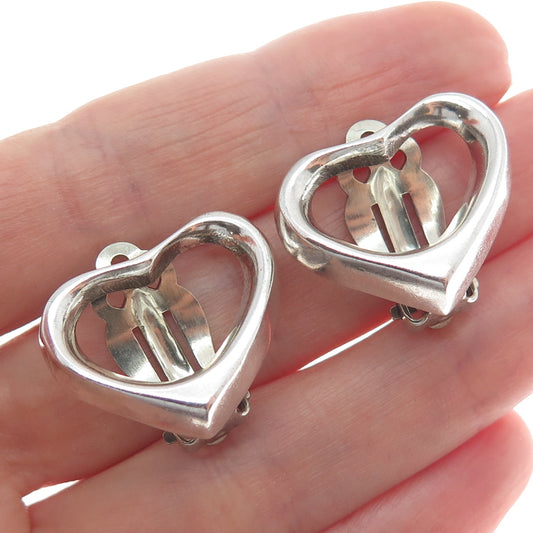925 Sterling Silver Vintage Mexico Open Heart Clip On Earrings