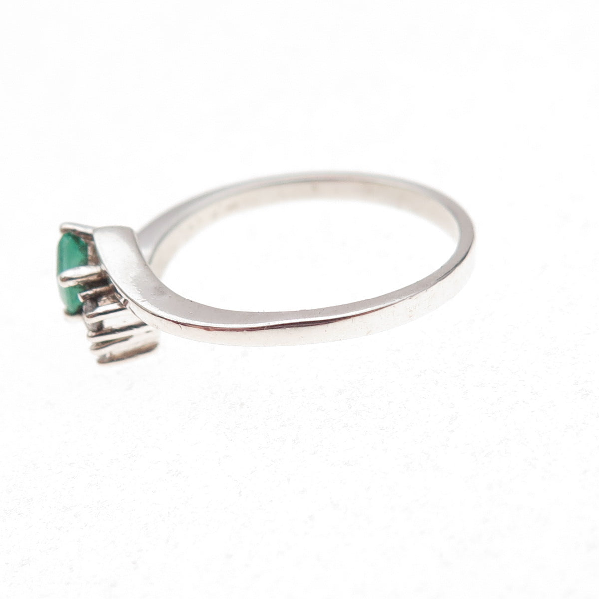 925 Sterling Silver Real Emerald & C Z Bypass Ring Size 7.25