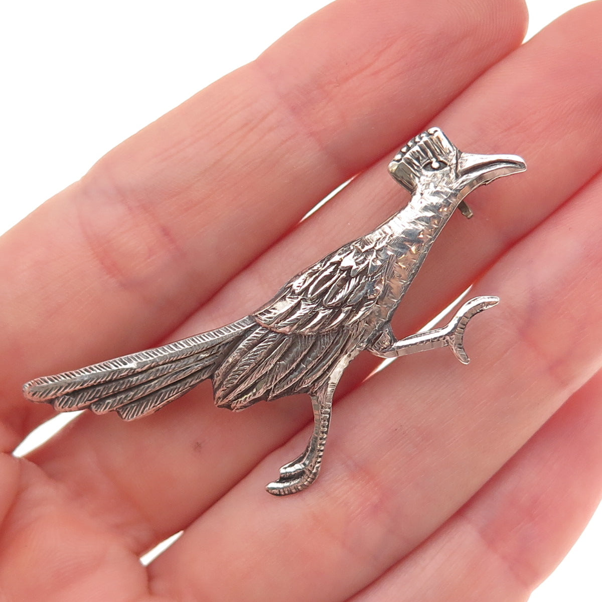 925 Sterling Silver Vintage Mexico Roadrunner Bird Oxidized Pin Brooch