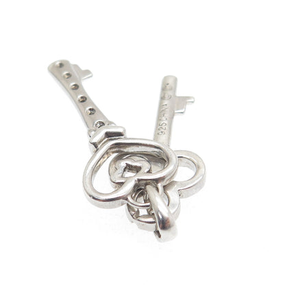 925 Sterling Silver Real Diamond Heart & Club Key Double Charm Pendant