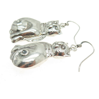 925 Sterling Silver Vintage Cat Puffy Drop 3D Earrings