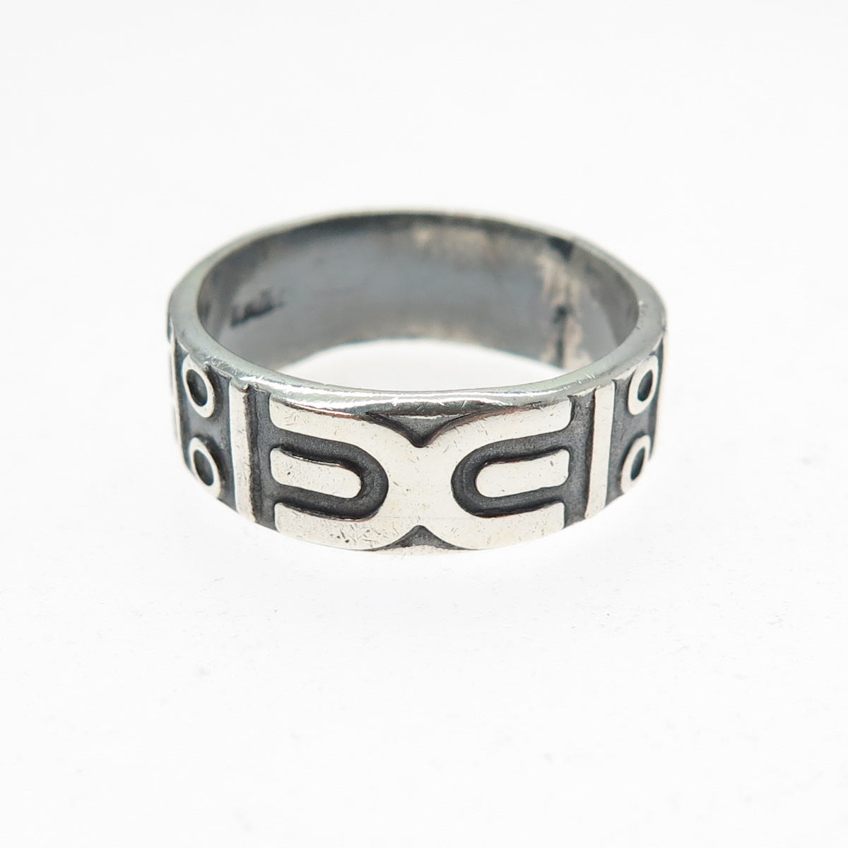 925 Sterling Silver Vintage Mexico Tribal Symbol Oxidized Band Ring Size 9.5