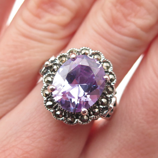 925 Sterling Silver Vintage Lavender C Z & Real Marcasite Ring Size 8