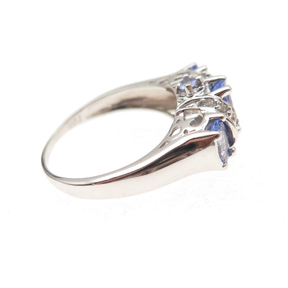 925 Sterling Silver Real Oval-Cut Tanzanite & Round-Cut White Topaz Ring Size 8
