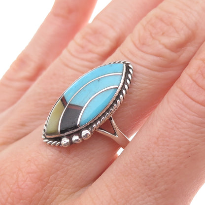 John Delvin Navajo Old Pawn Sterling Vintage Turquoise Onyx & MOP Ring Size 6.75