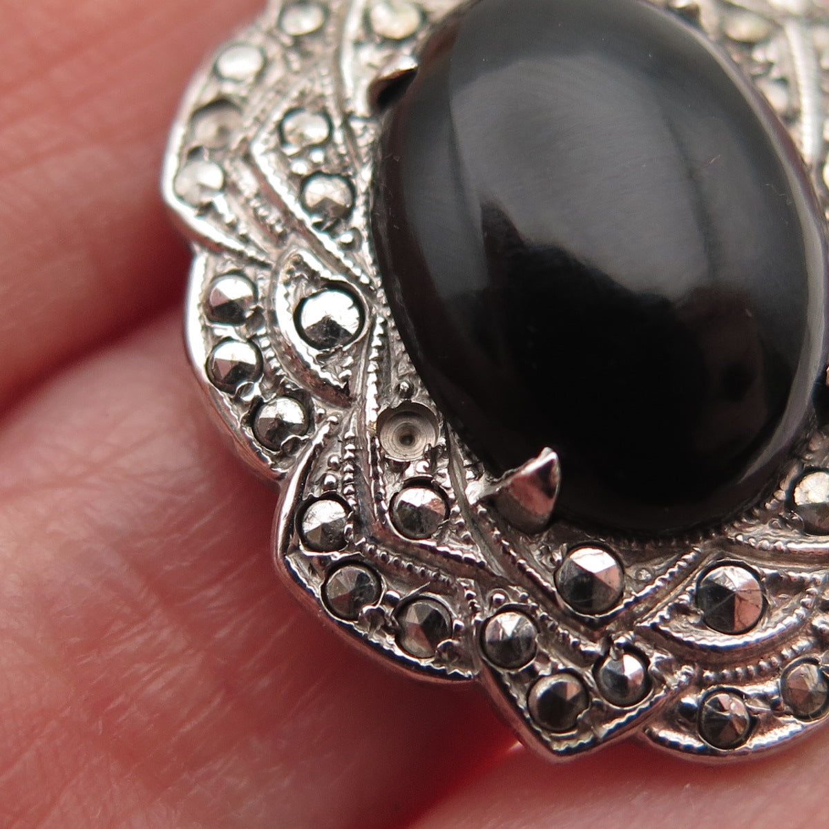 925 Sterling Silver Antique Real Black Onyx Marcasite Pendant (missing 3 stones)