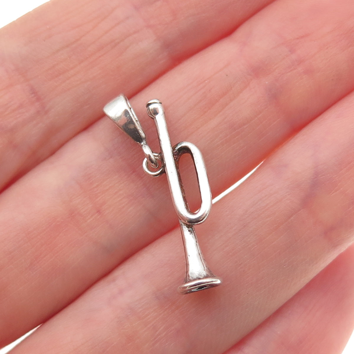 925 Sterling Silver Vintage Trumpet Music Instrument 3D Charm Pendant
