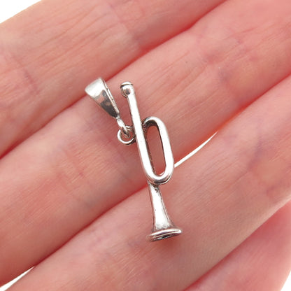 925 Sterling Silver Vintage Trumpet Music Instrument 3D Charm Pendant