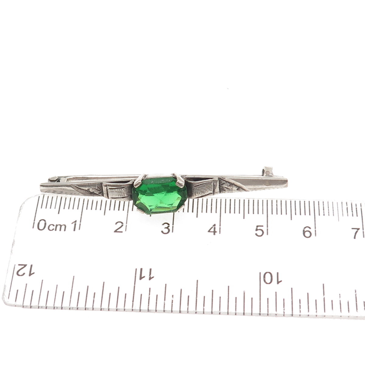 800 Silver Antique Art Deco Green Rhinestone Bar Oxidized Pin Brooch