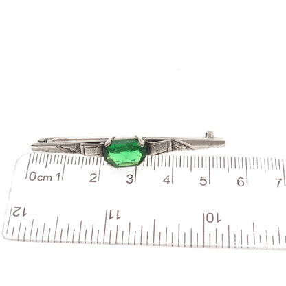 800 Silver Antique Art Deco Green Rhinestone Bar Oxidized Pin Brooch
