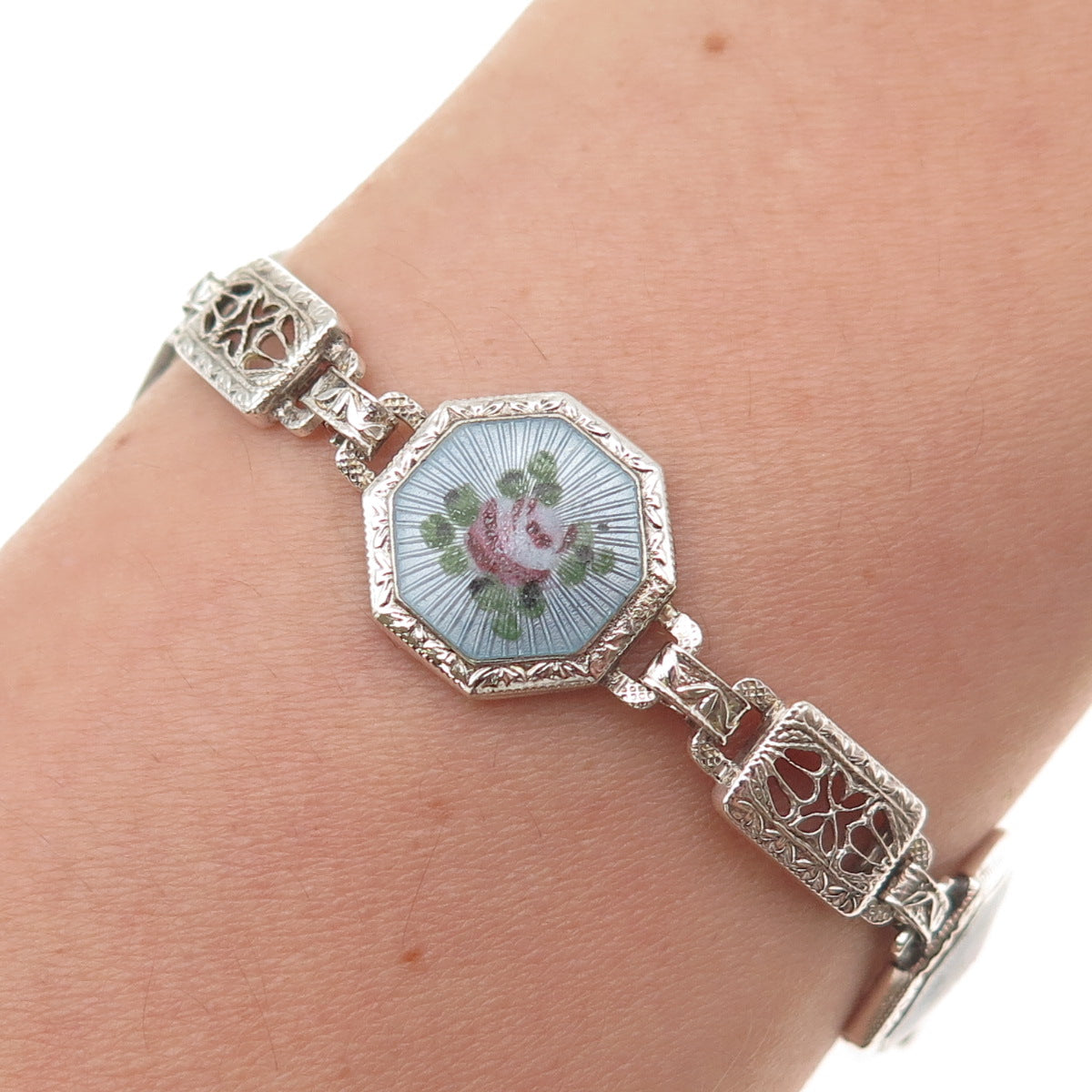 925 Sterling Antique Art Deco Enamel Floral Filigree Bracelet 7.25" missing lock
