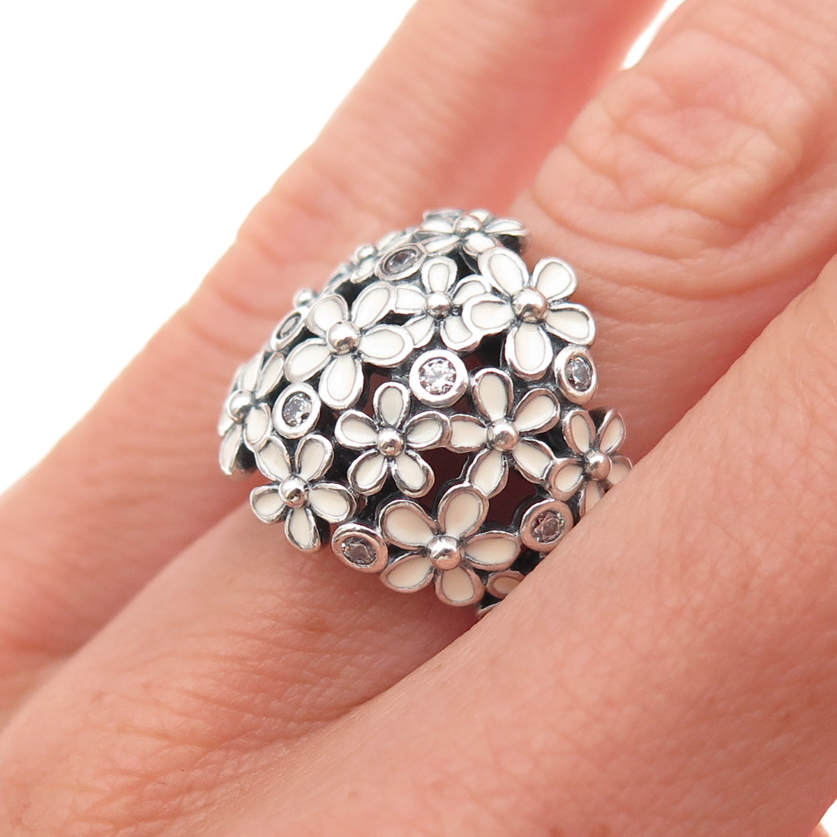 Pandora 925 Sterling Silver Enamel & C Z Darling Daisy Bouquet Ring Size 5.25