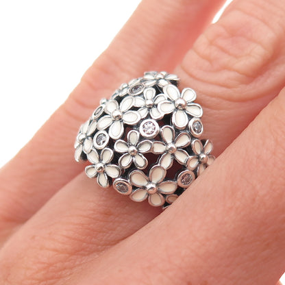 Pandora 925 Sterling Silver Enamel & C Z Darling Daisy Bouquet Ring Size 5.25