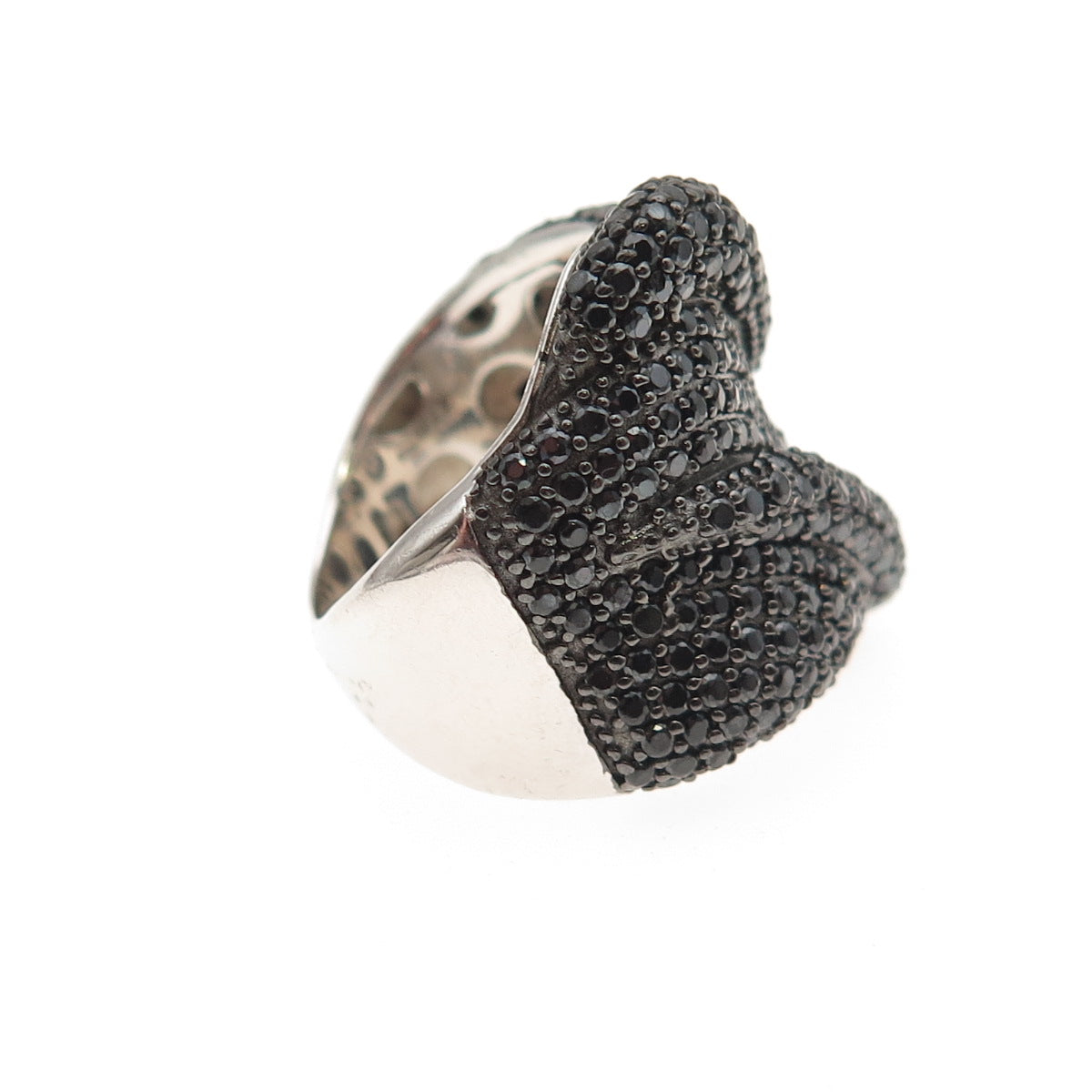 925 Sterling Silver Real Round-Cut Black Spinel Wavy Ring Size 5