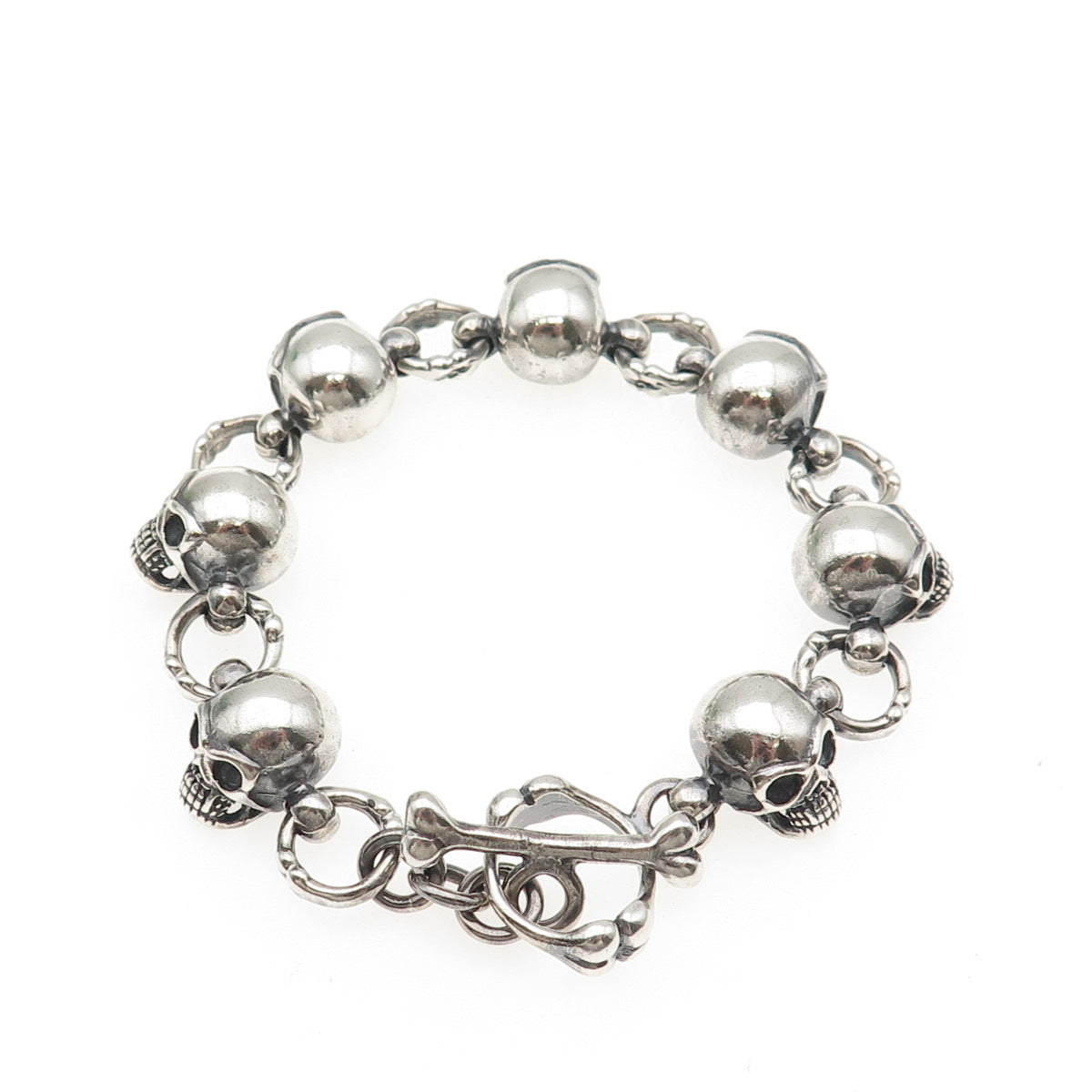 925 Sterling Silver Vintage Skull Link Oxidized Biker Bracelet 7.5"