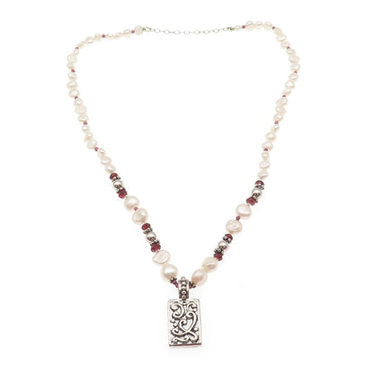 925 Sterling Silver Vintage Real Baroque Pearl Red Garnet Beaded Necklace 16-18"